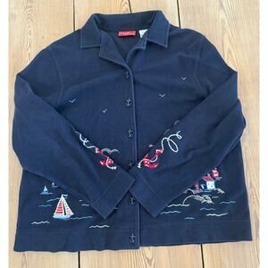Women’s Vintage Onque Casual‎ Cardigan Navy XL Nautical Lighthouse Cotton